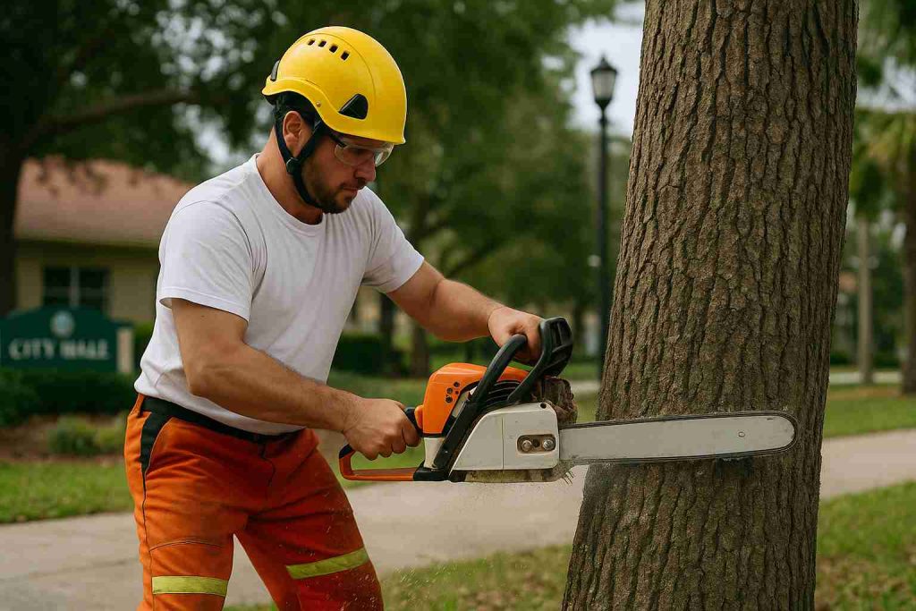 A man in orange pants and a yellow helmet is cutting down a tree, with a tree removal permit visible nearby.