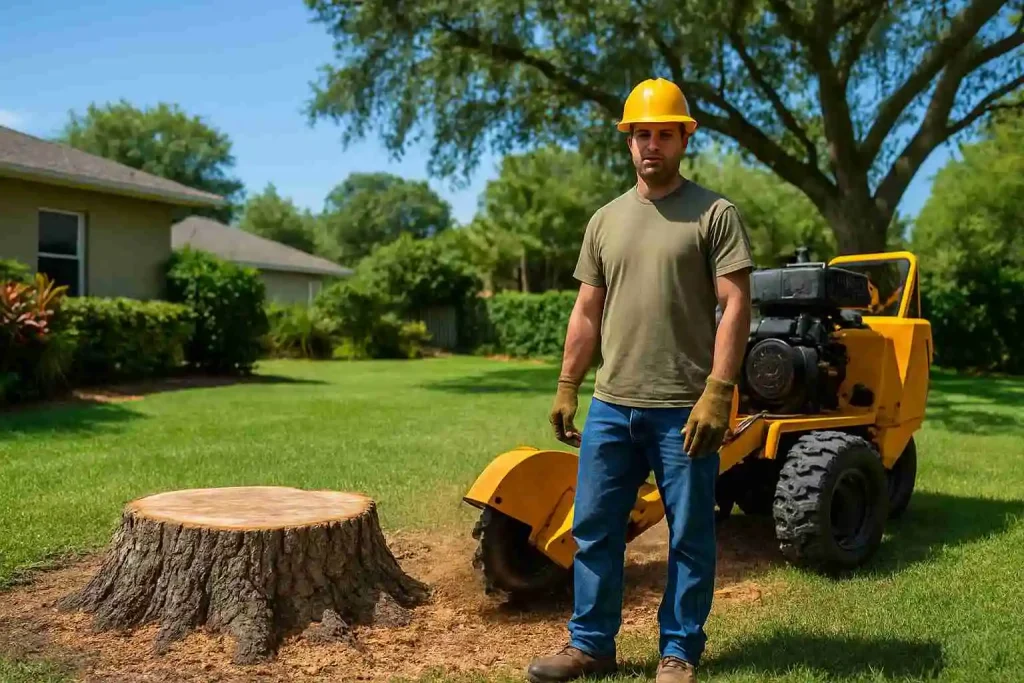A man next to a tree stump uses a stump cutter, exploring options for stump grinding and removal in Ormond Beach yards. Stump grinding vs stump removal