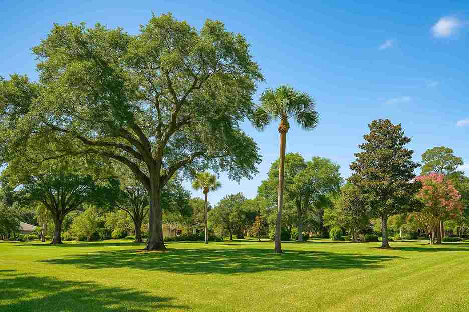 Healthy trees in a sunny Volusia County yard with live oak, palm, and magnolia trees thriving in a well-maintained residential landscape.