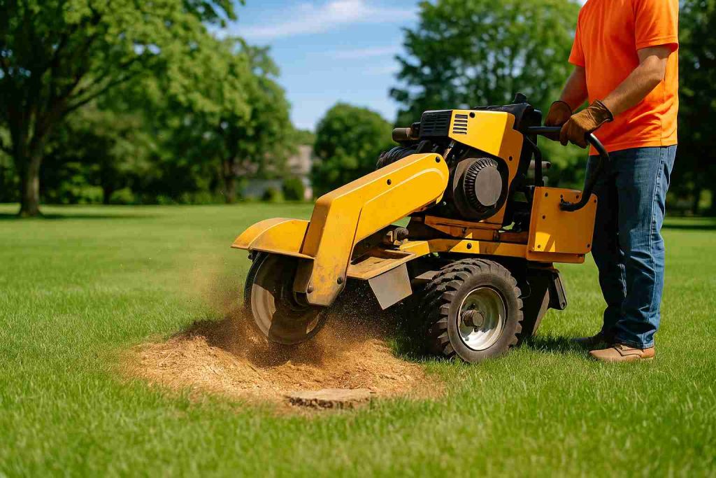 Professional stump grinding on a sunny day with wood chips flying, improving lawn health and preparing yard for landscaping