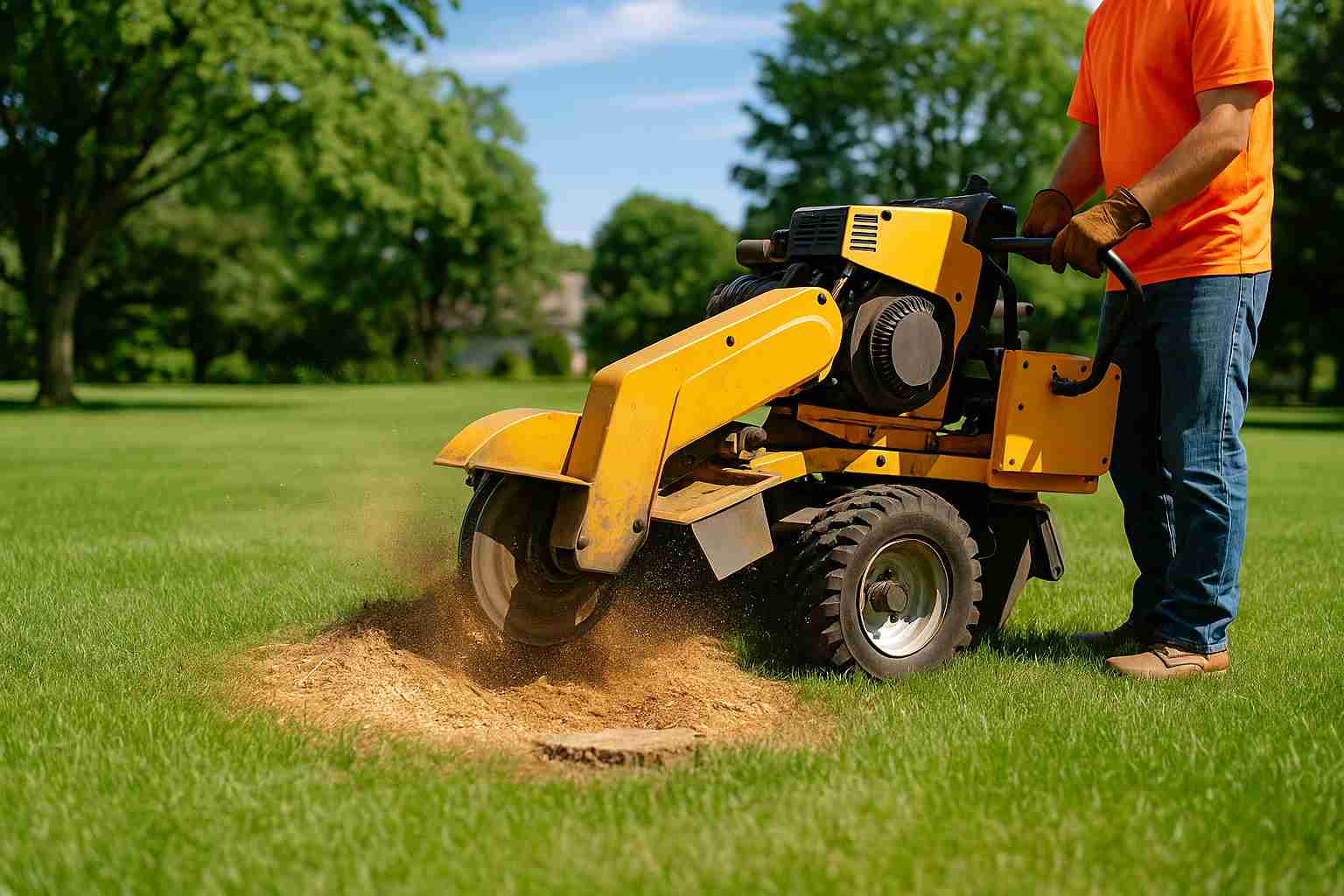 Professional stump grinding on a sunny day with wood chips flying, improving lawn health and preparing yard for landscaping