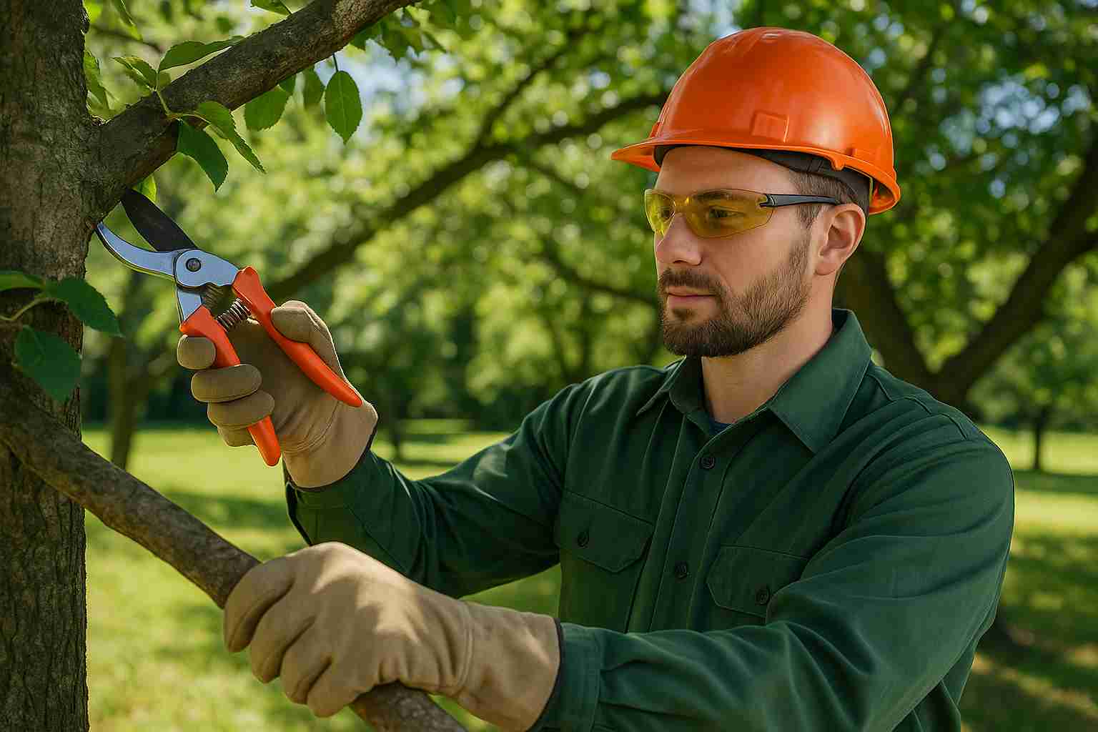 Professional arborist in safety gear pruning a tree with orange shears on a sunny day, demonstrating proper tree care technique