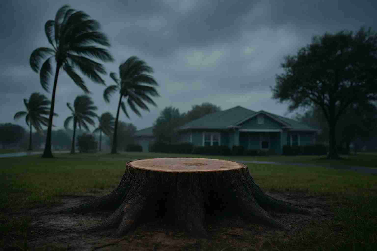 Remove tree stump in Florida yard before hurricane season to prevent flooding, pest problems, and flying debris from strong winds