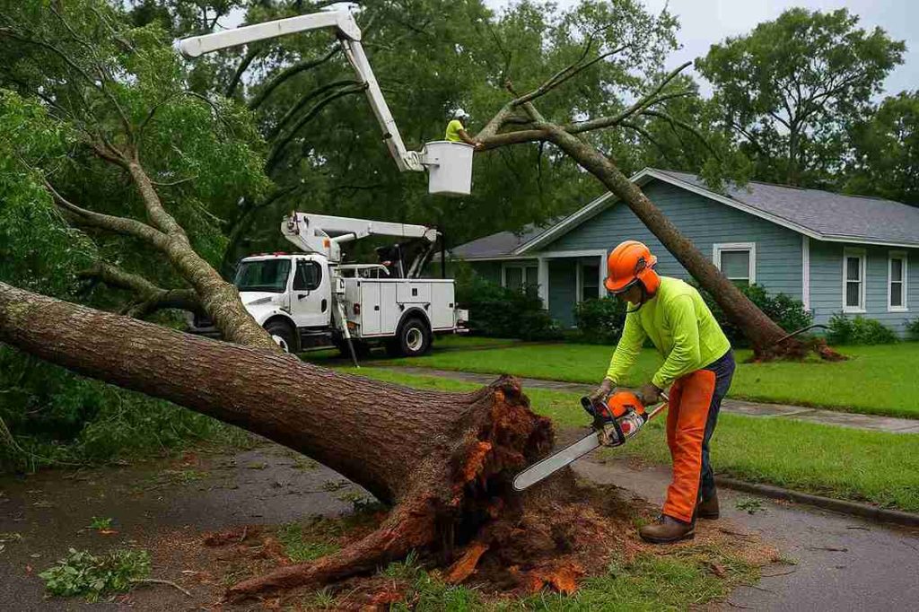 Emergency tree removal crew cutting fallen trees after a Florida storm, clearing road and protecting homes