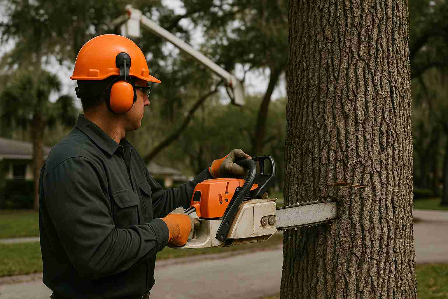 Professional arborist in safety gear trimming a large oak tree in a suburban Ormond Beach neighborhood using a chainsaw