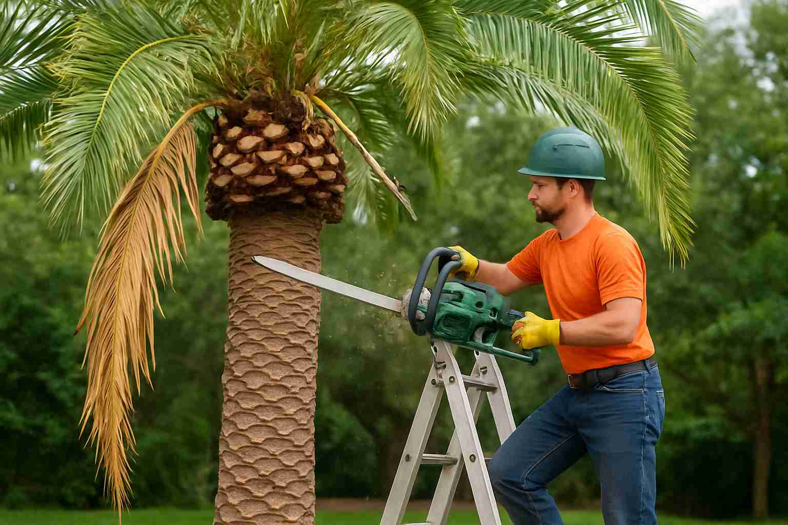 Professional arborist trimming a palm tree in Ormond Beach with a chainsaw on a ladder