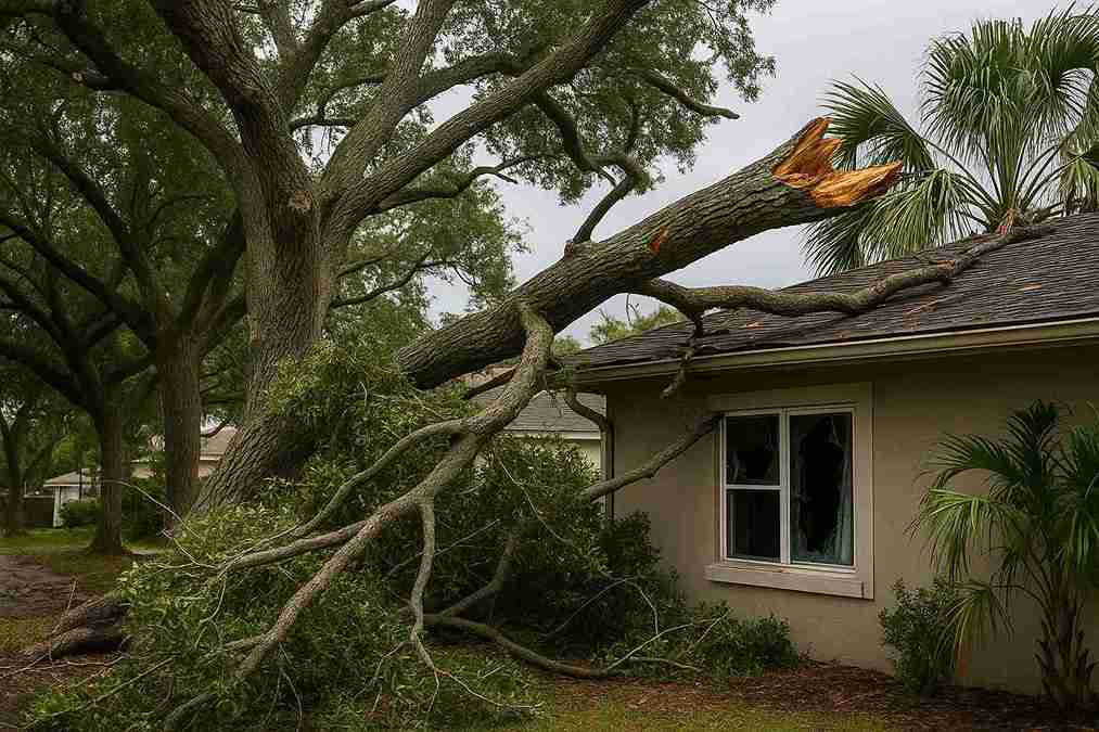 Fallen tree branch causing roof and window damage to a Florida home after a storm due to lack of pruning