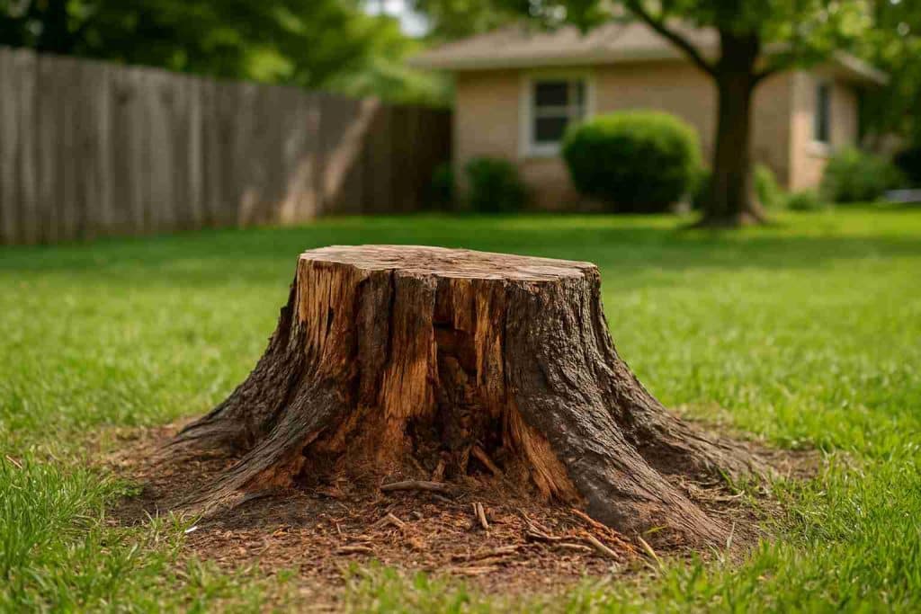 Old tree stump in a suburban backyard, showing potential safety and pest issues homeowners often ignore