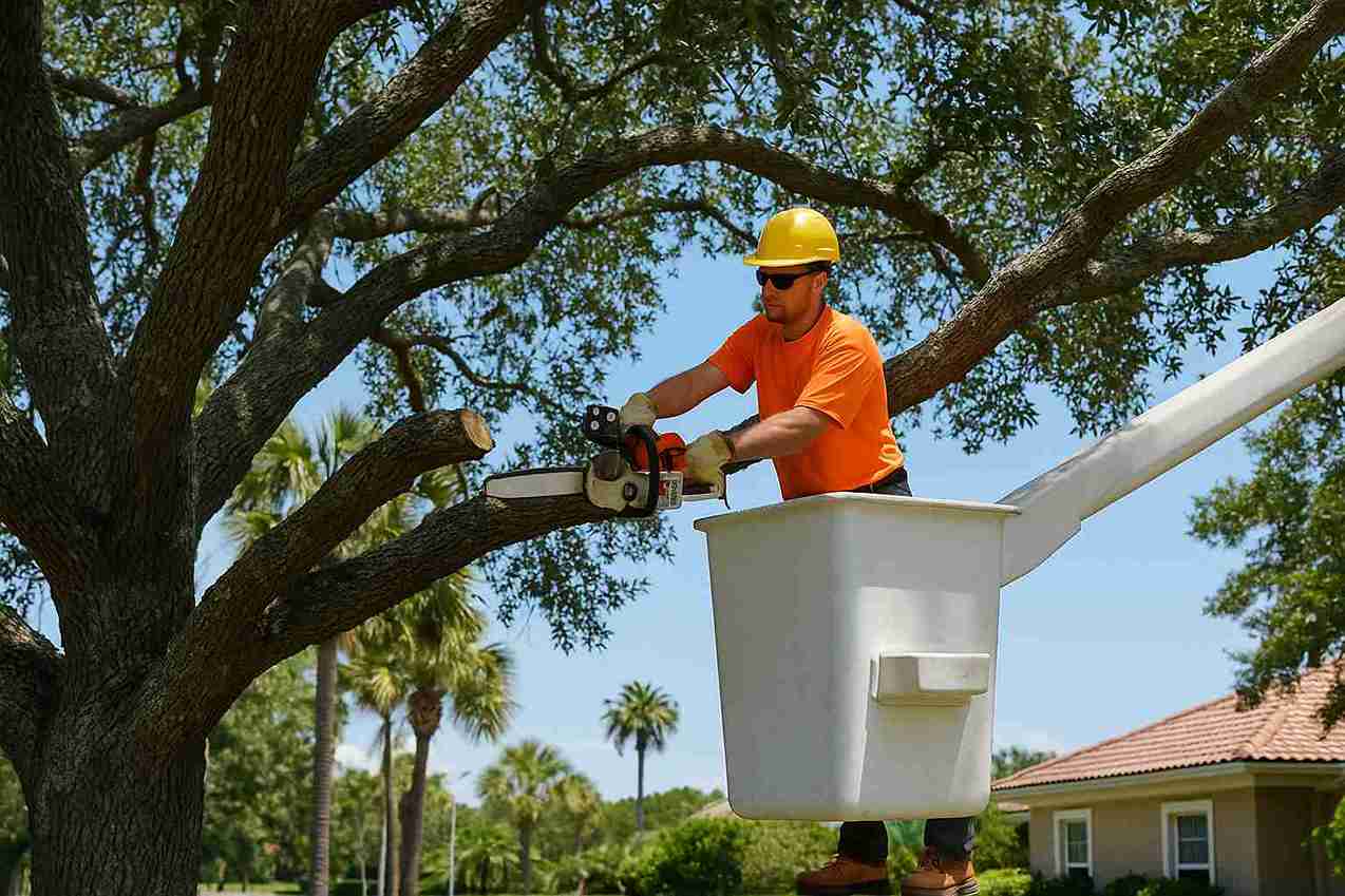 Arborist trimming a live oak tree in Ormond Beach, Florida using a boom lift during sunny weather
