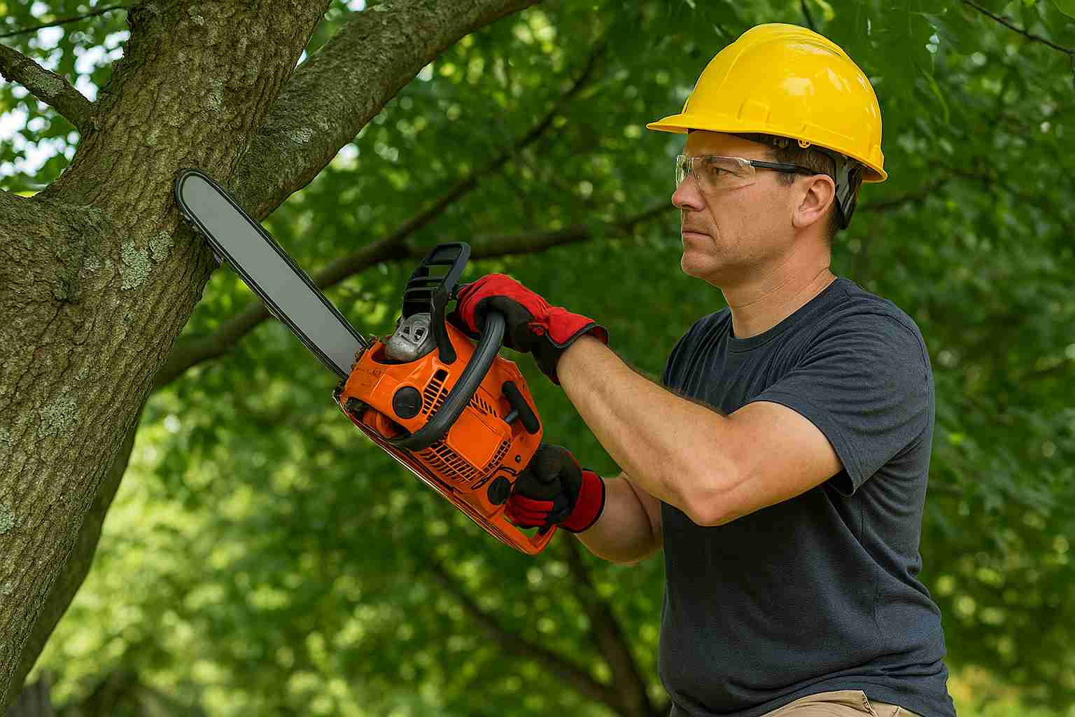 Middle-aged man wearing safety gear trimming a tree branch with a chainsaw in a green backyard.
