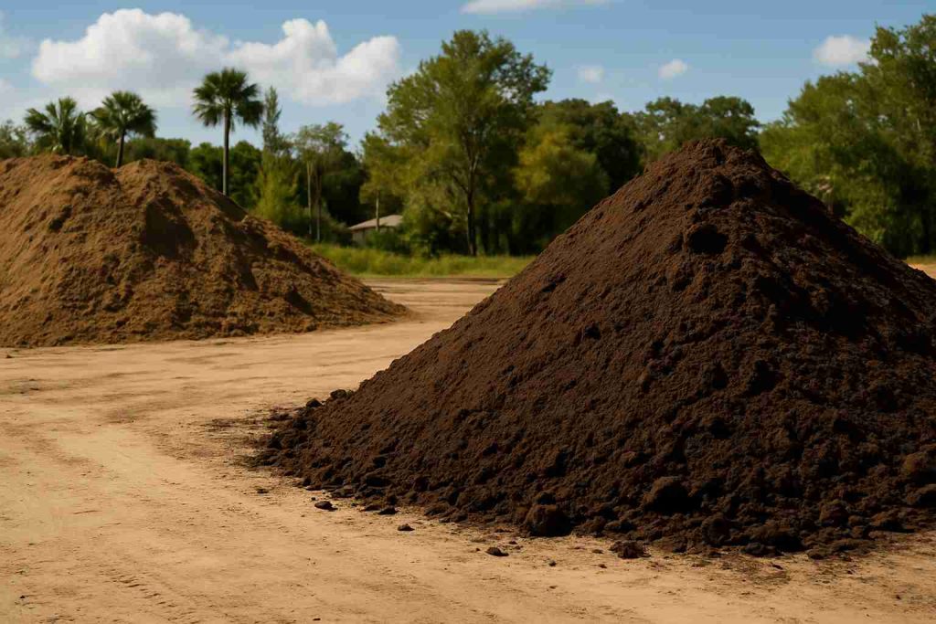 Two large piles of fill dirt and topsoil at a construction site in Ormond Beach with palm trees and homes in the background
