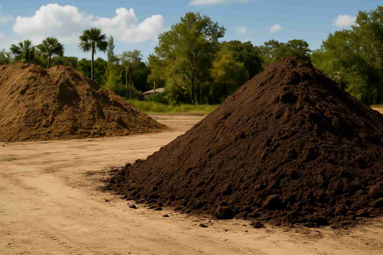 Two large piles of fill dirt and topsoil at a construction site in Ormond Beach with palm trees and homes in the background
