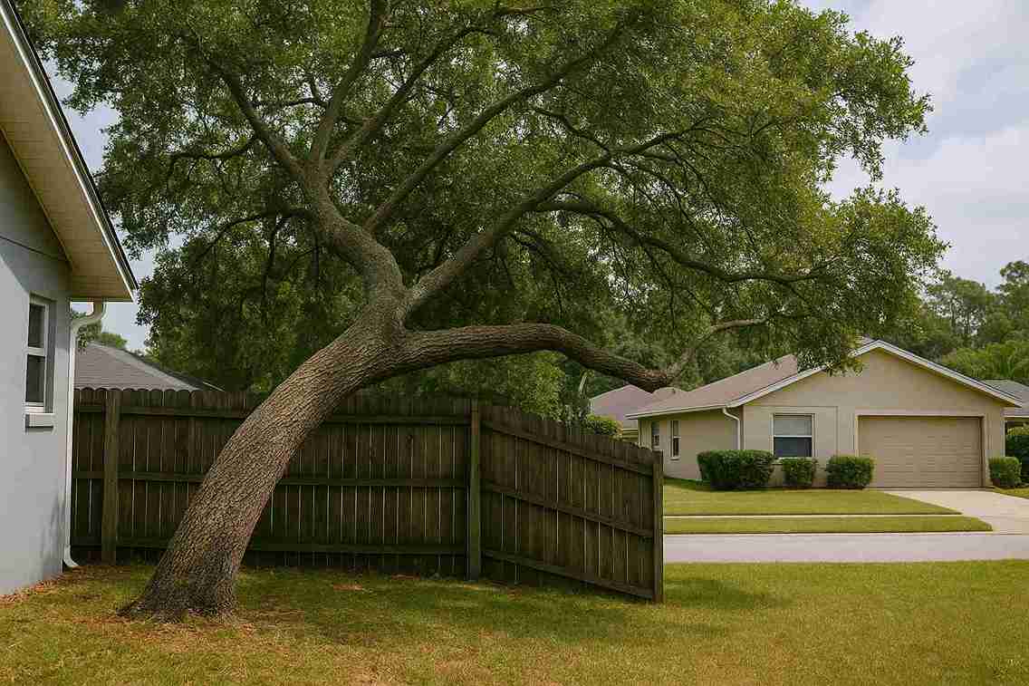 Leaning oak tree extending over neighbor’s fence in a suburban Ormond Beach yard