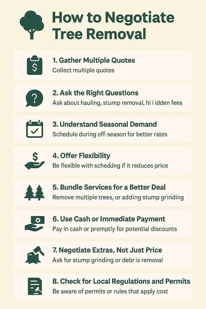 Infographic showing tips on how to negotiate tree removal, including getting multiple quotes, asking detailed questions, scheduling in off-season, bundling services, using cash payment, and checking permits.”