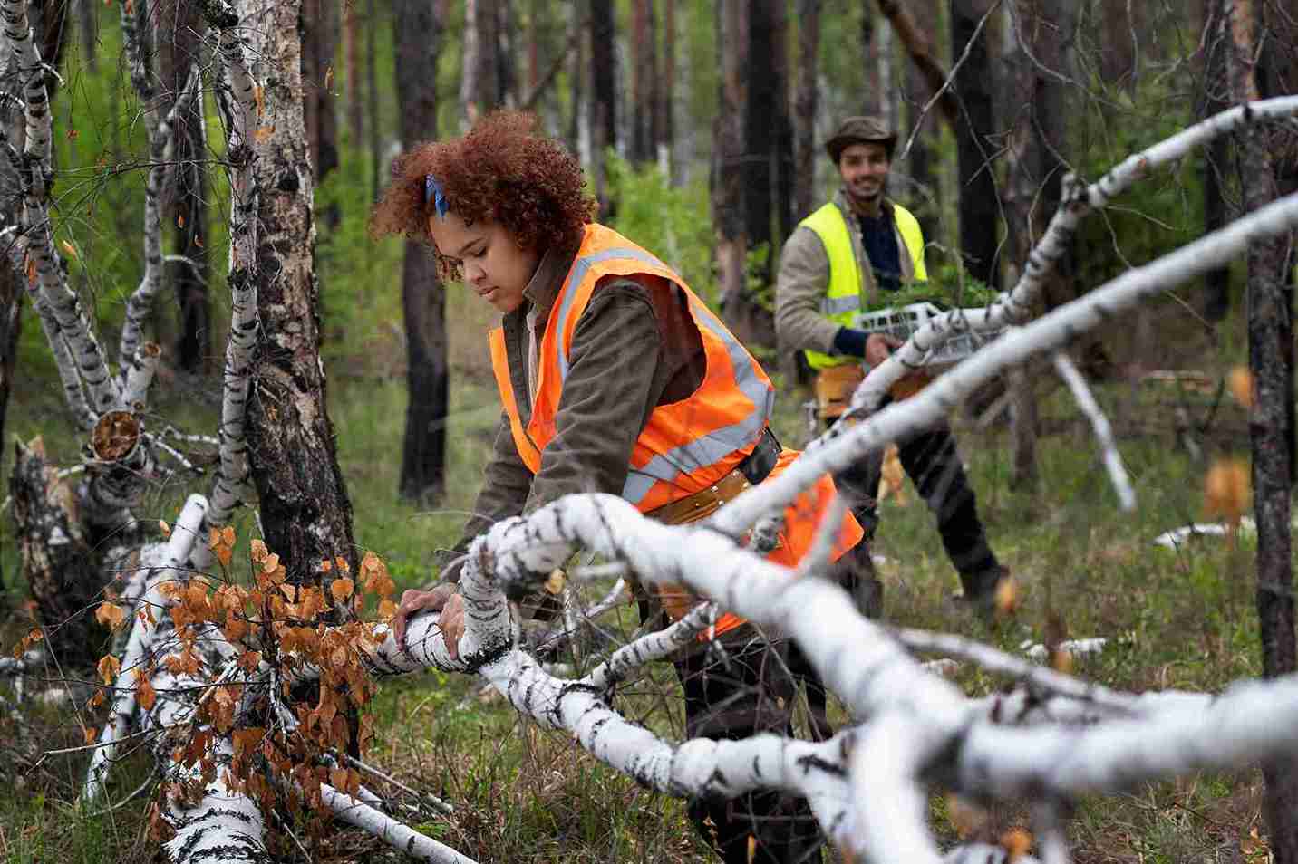 Workers in safety vests clearing a fallen tree during tree removal in a forest area.
