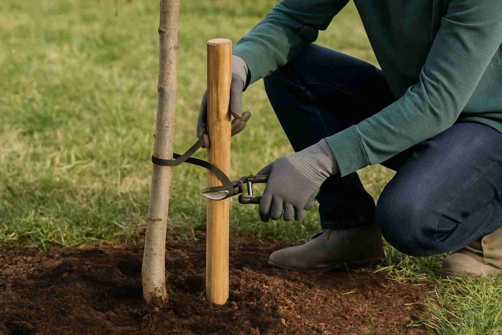 Crossed tree branches showing why it is important to remove tree stakes for proper growth