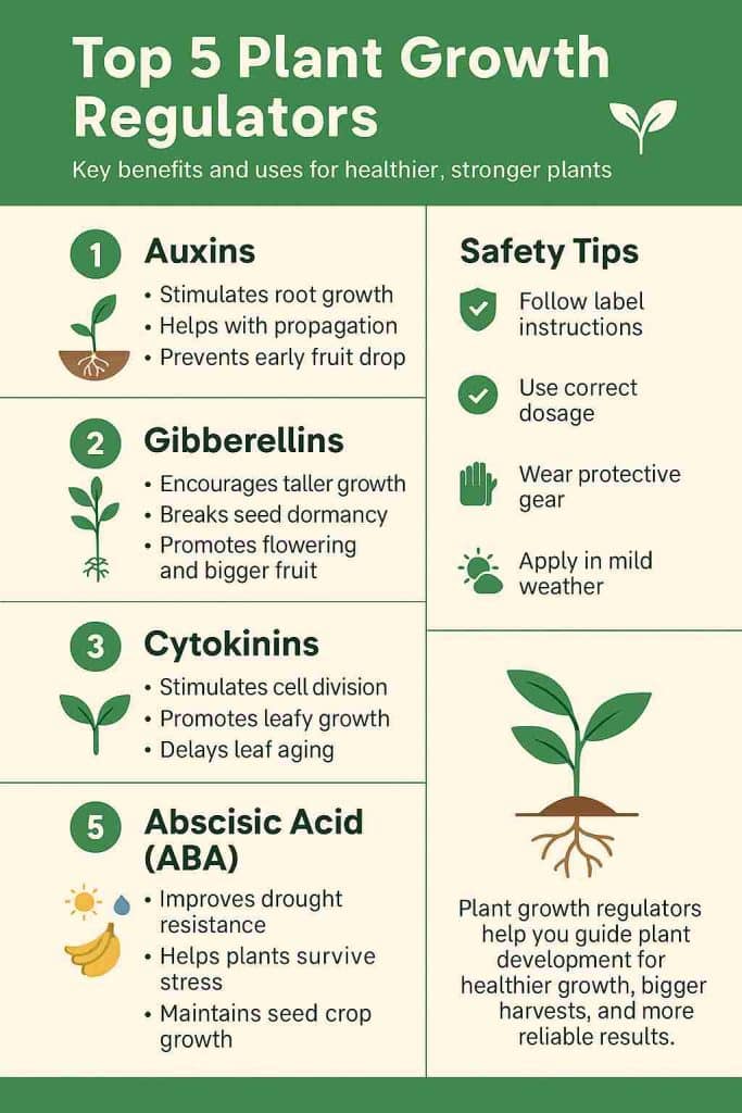 Infographic showing the top 5 plant growth regulators—auxins, gibberellins, cytokinins, abscisic acid, and ethylene—with their key benefits and safety tips.