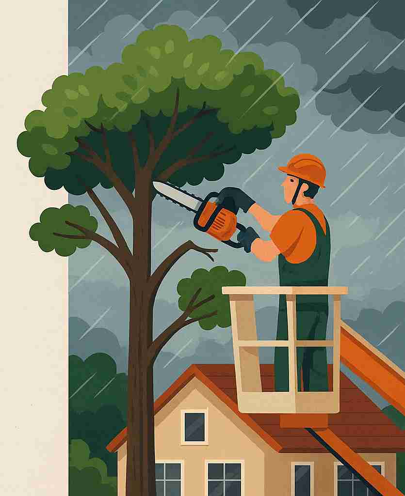 Arborist trimming a large tree using a bucket lift during storm preparation near a coastal Florida home, wearing safety gear and using a chainsaw with a cloudy sky in the background.